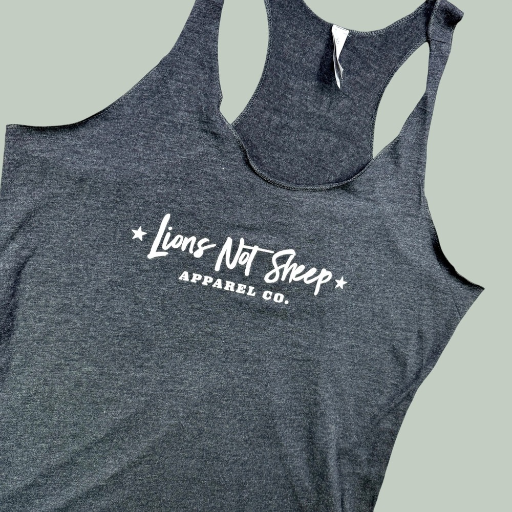 Lions Not‎ Sheep Tank Top Women XL Gray Racerback Glitter Gym Fitness Patriotic
